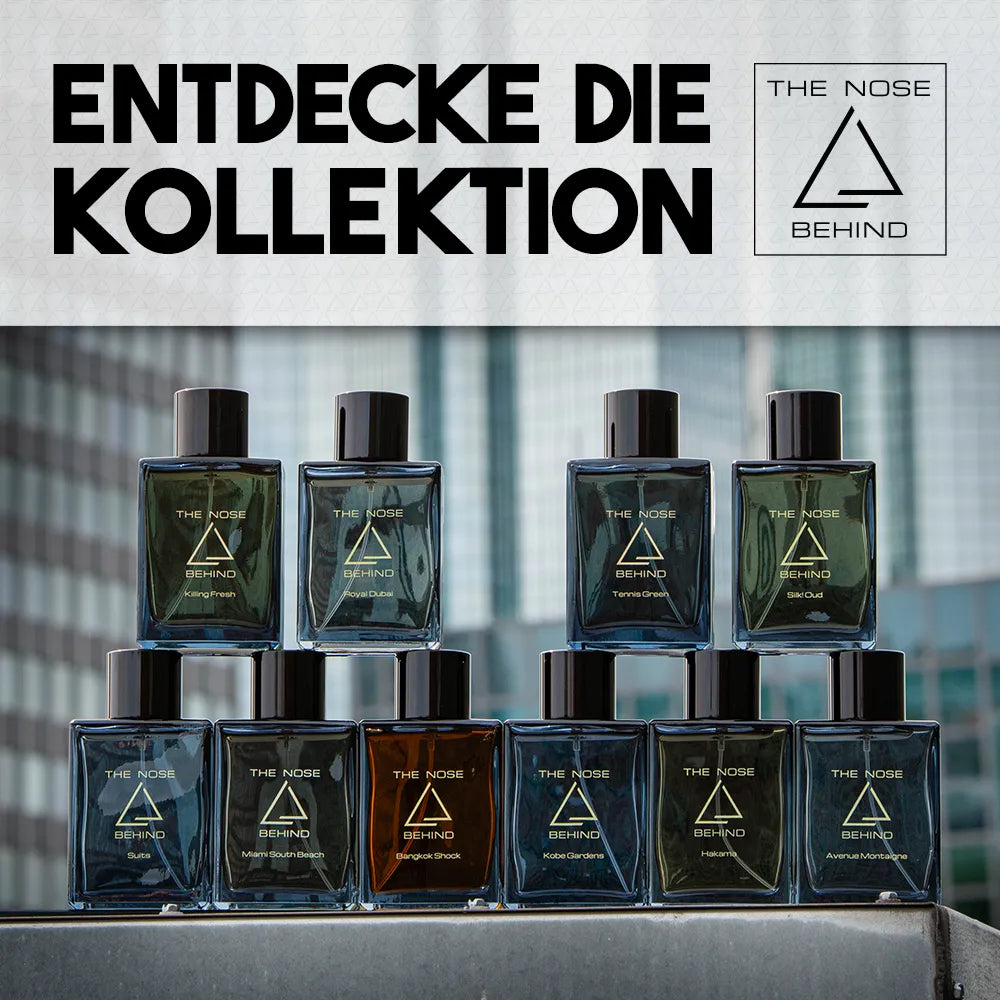 Werbebild mit zehn Parfumflakons von „The Nose Behind“ in einer Pyramiden-Anordnung. Darüber steht in großer Schrift: „Entdecke die Kollektion“