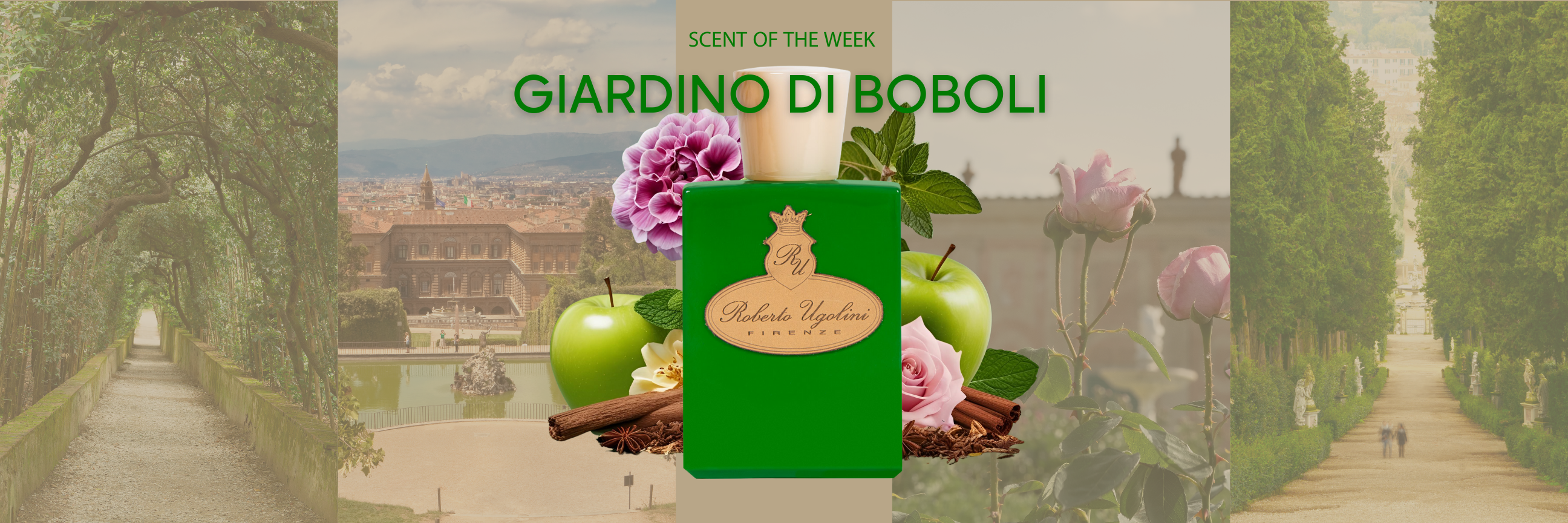 Werbebanner für den Duft „Giardino di Boboli“ mit grünem Parfümflakon, umgeben von Äpfeln, Rosen, Blüten und Zimt; im Hintergrund Bilder der Boboli-Gärten in Florenz.