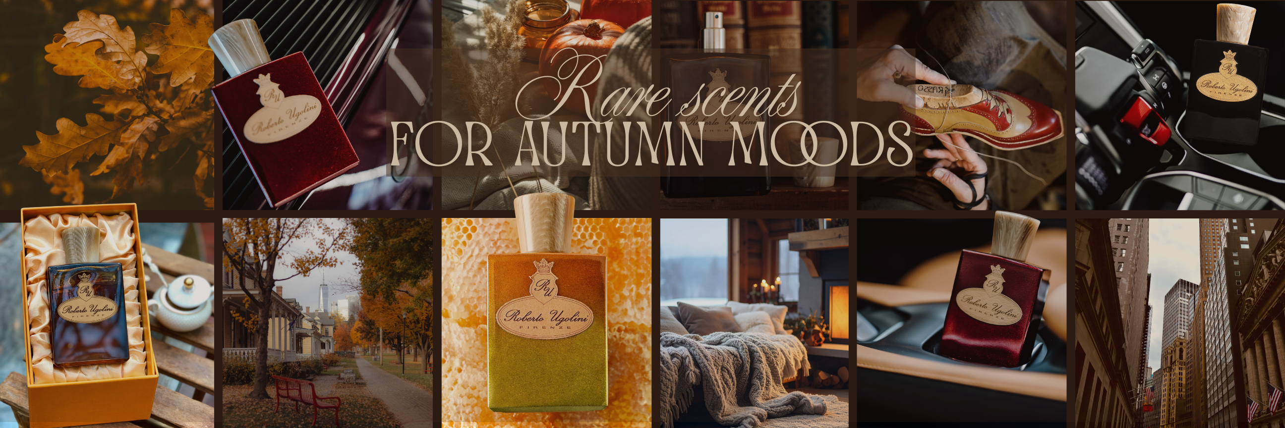 Ein Mood Bild von verschiedenen Herbst Bildern und Roberto Ugolini Düften mit einer Titelschrift" Rare scents for autumn Moods"